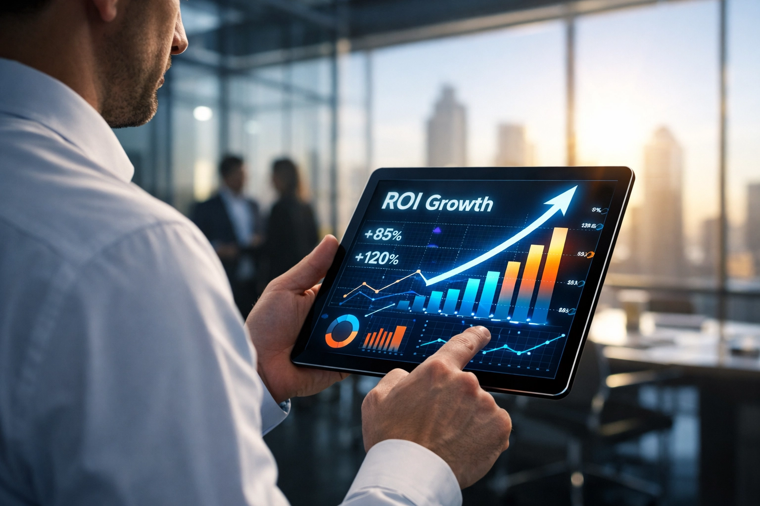 Consultant reviewing ROI data charts for a strategic 2026 branding and sports marketing campaign.
