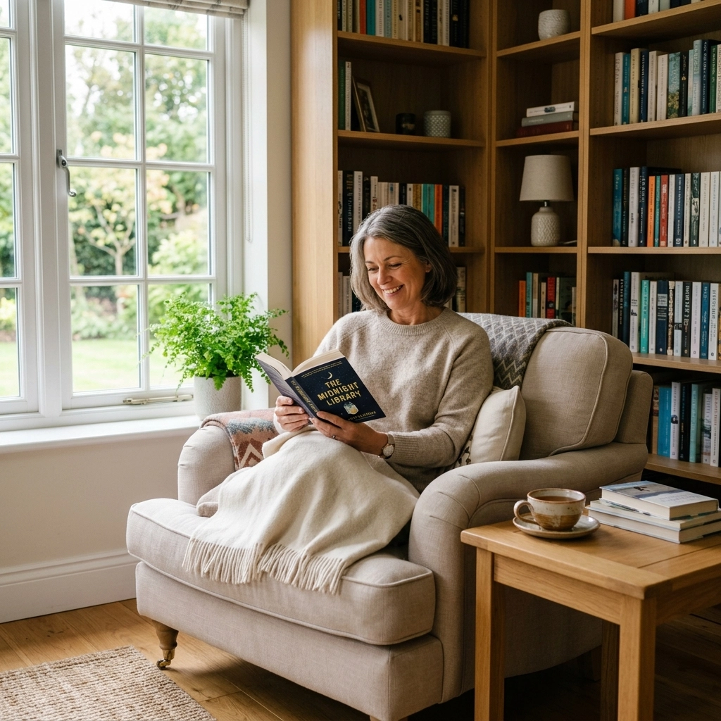 A woman relaxing in a clean, sunlit reading nook, illustrating the emotional wellbeing and stress relief that comes with a clean home.