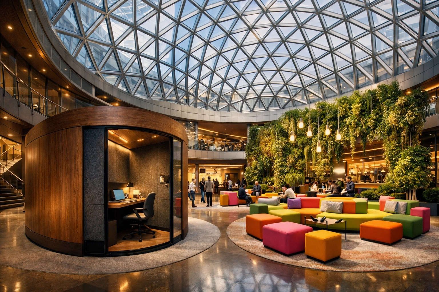 Innovative office design featuring focus zones and collaborative hubs for hybrid work.