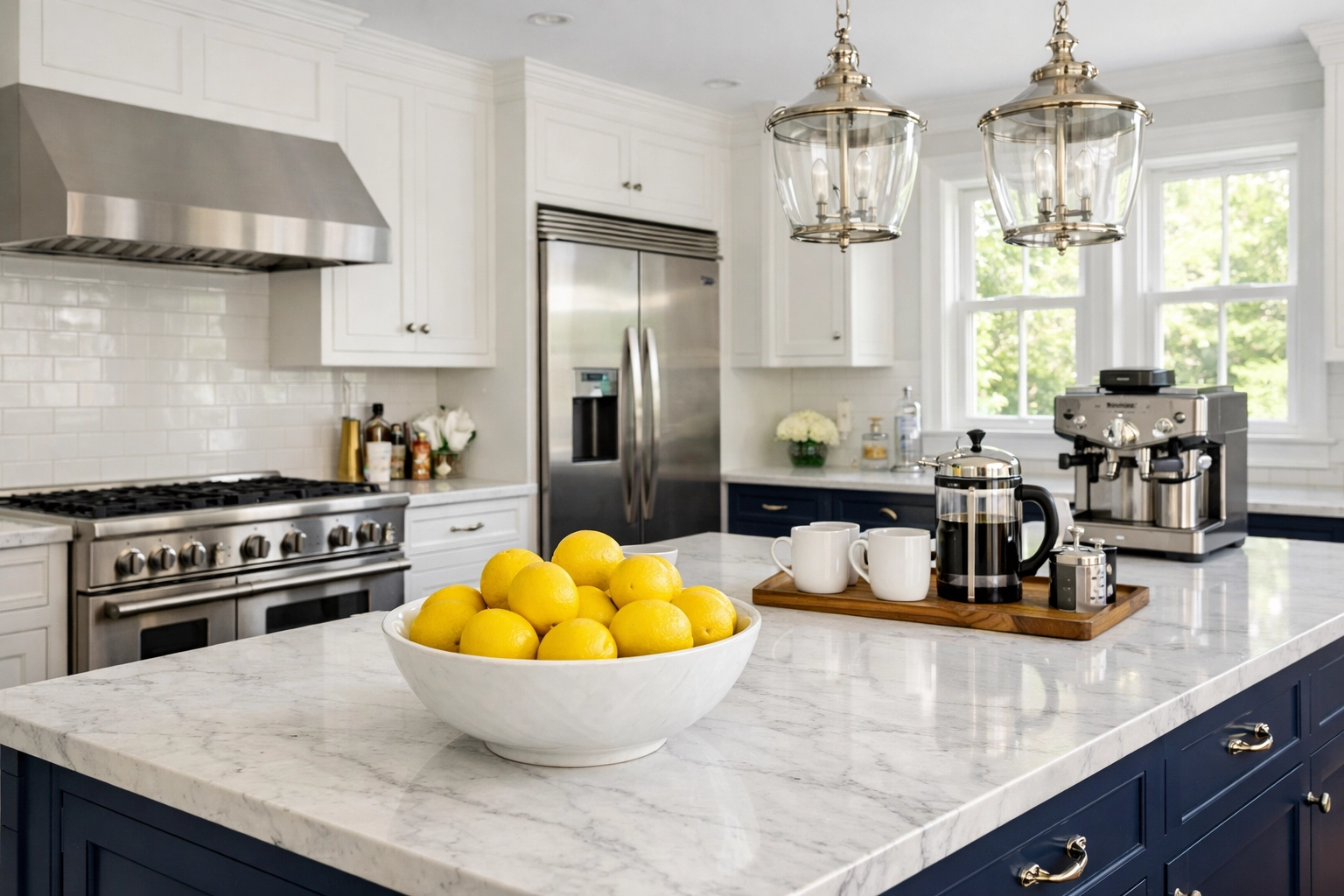 Immaculate Airbnb kitchen in Harvard, MA with polished appliances and organized coffee station.