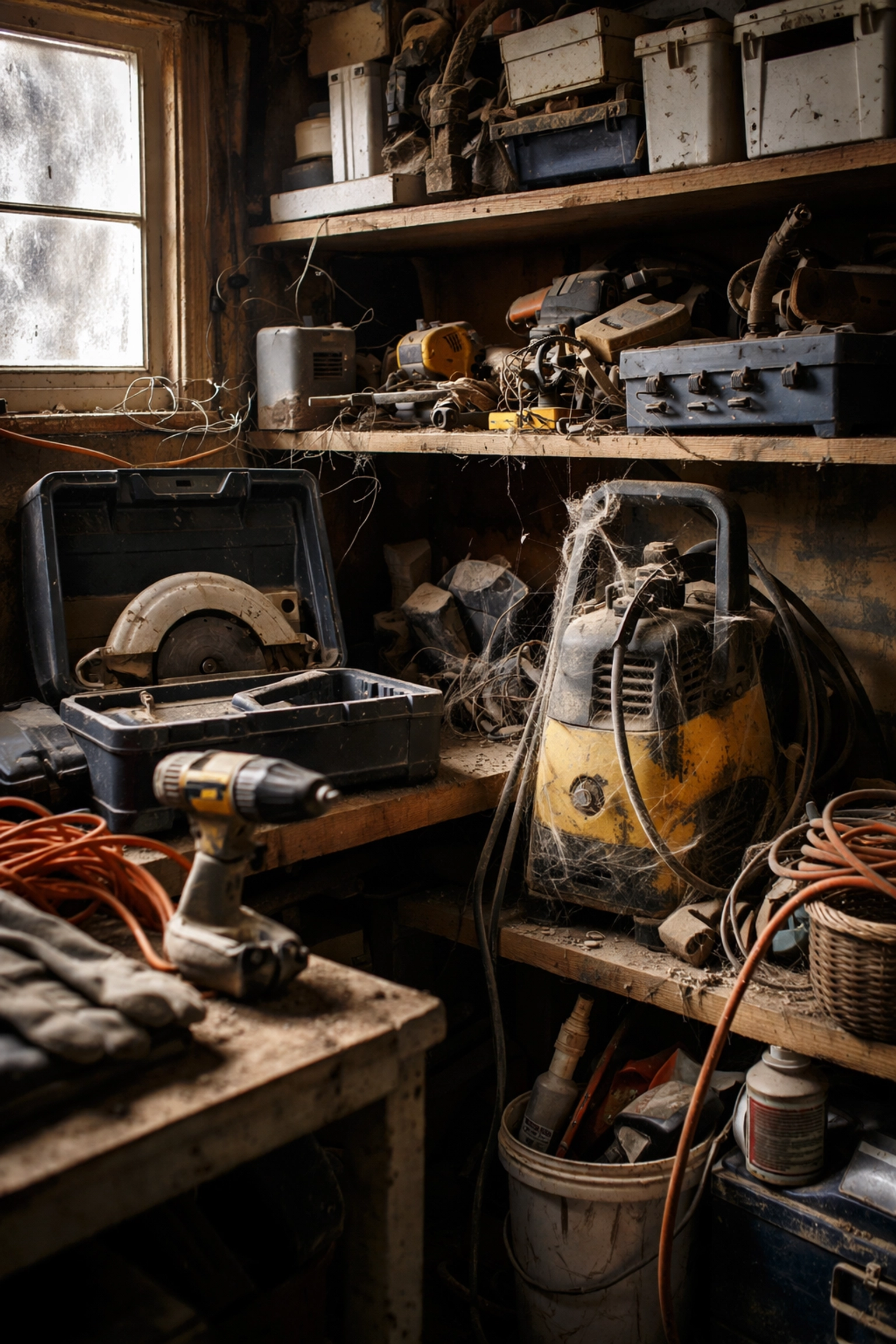 Cluttered garage filled with unused power tools like a dusty drill and pressure washer, showing tool hoarding issue