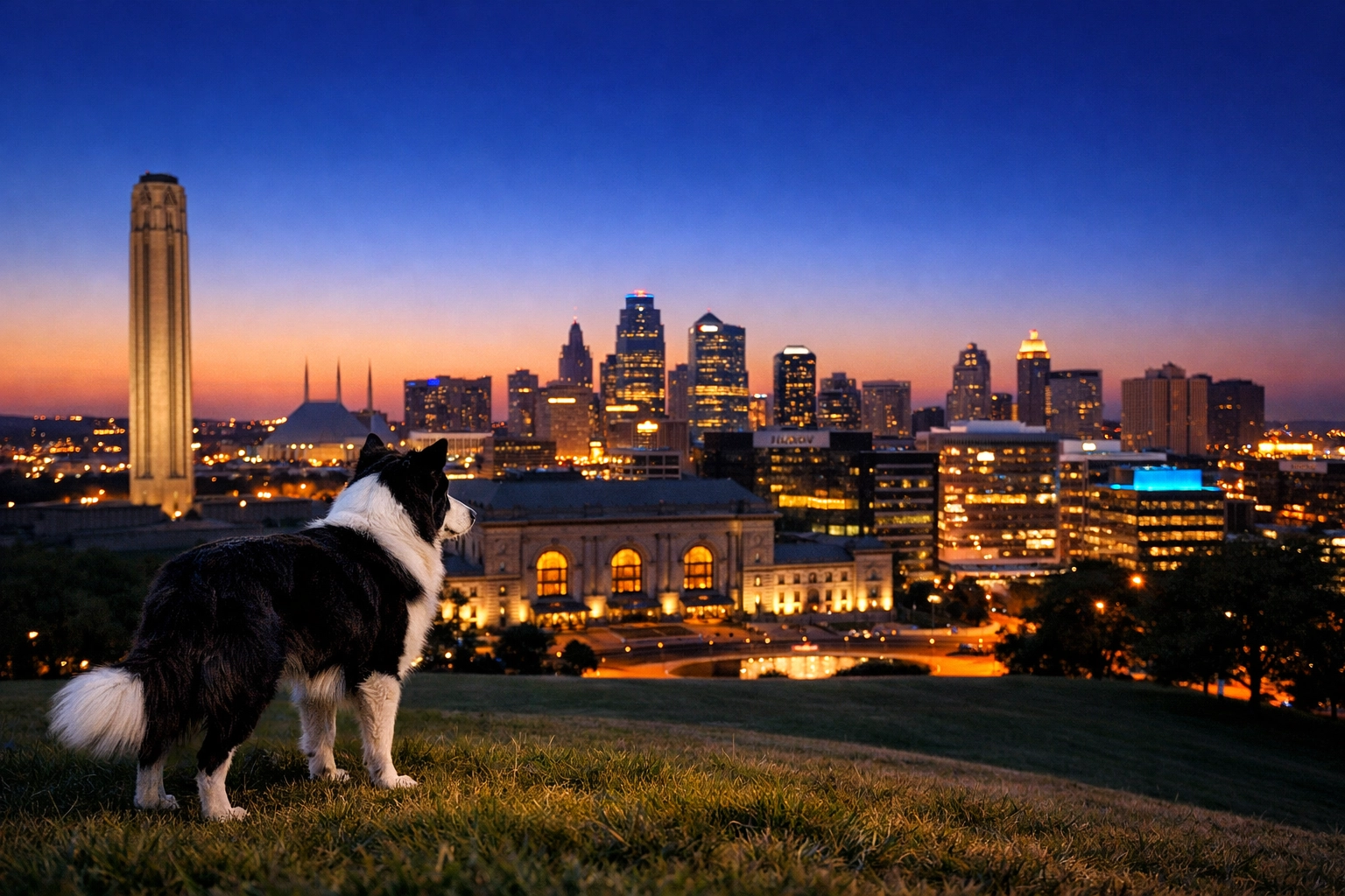 Border Collie overlooking the Kansas City skyline, representing D-A Solution Partners service area.