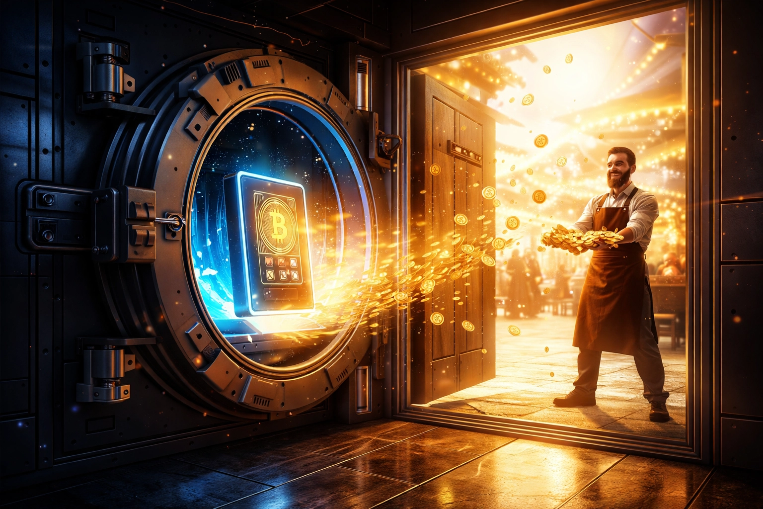 Illustration of a secure crypto wallet unlocking, symbolizing self-custody for merchants using Larecoin POS systems