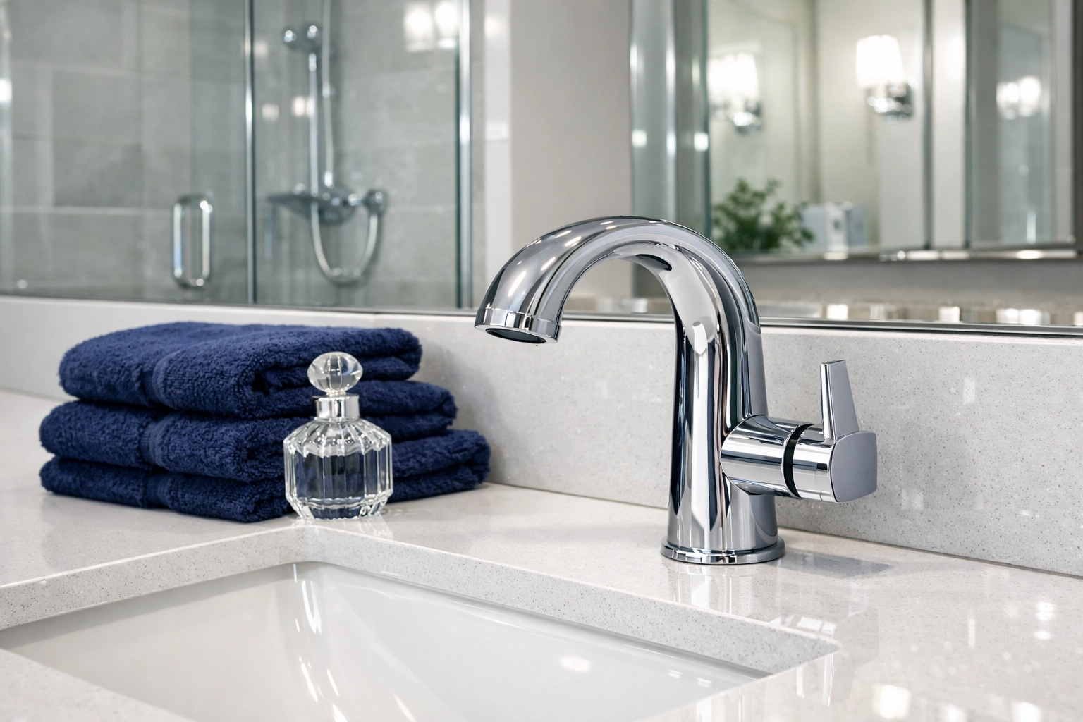 Sanitized bathroom vanity with sparkling chrome fixtures from professional house cleaning in Shrewsbury.