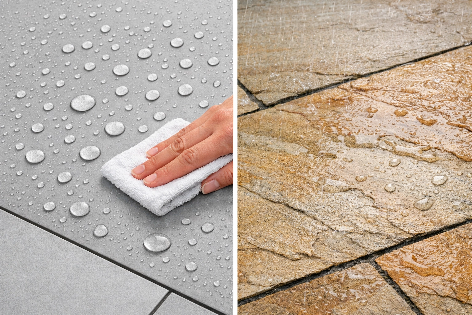 Comparison of low-maintenance porcelain patio tiles and natural sandstone for outdoor kitchen flooring.