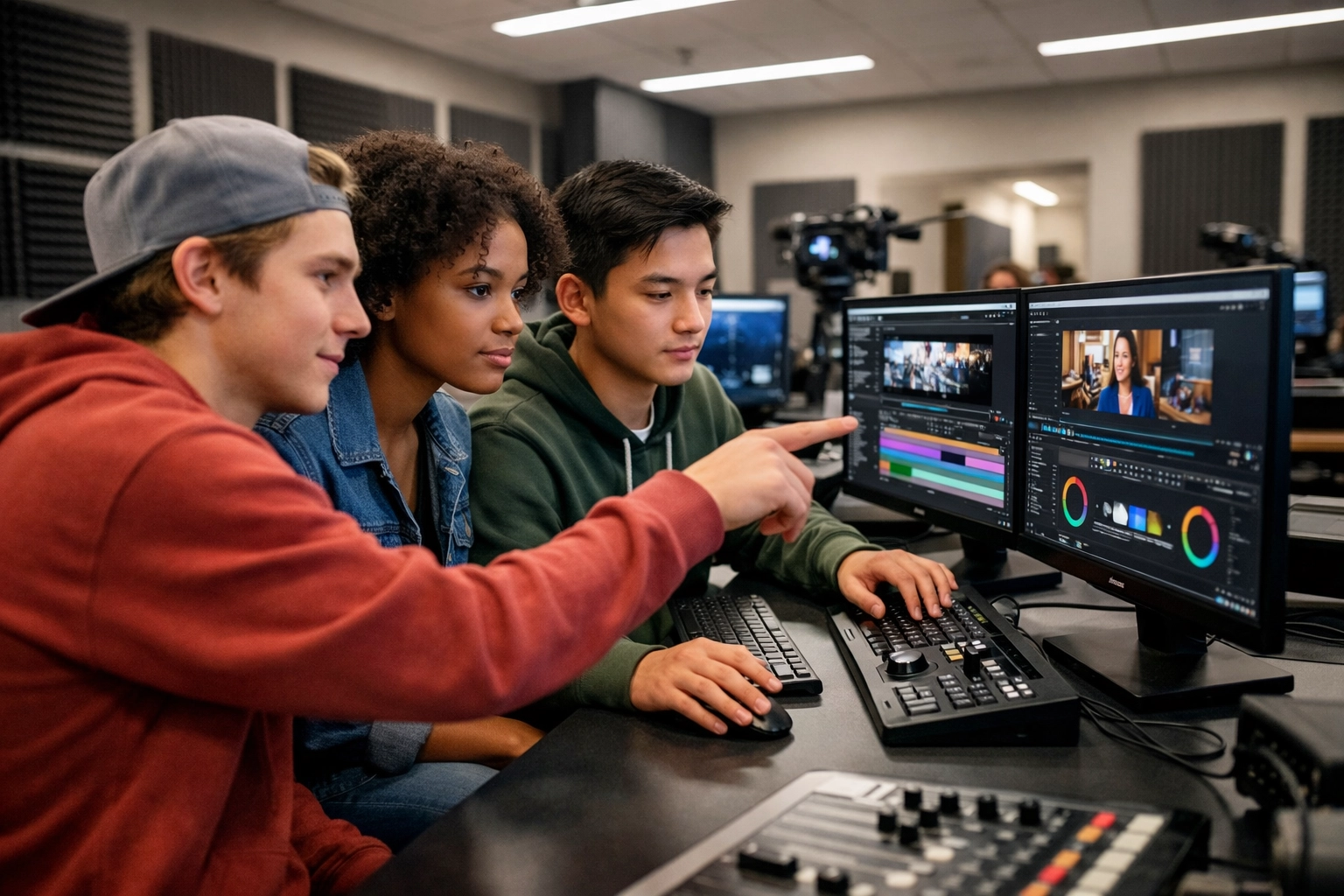 High school students in a modern media production lab learning professional video editing and simulation.