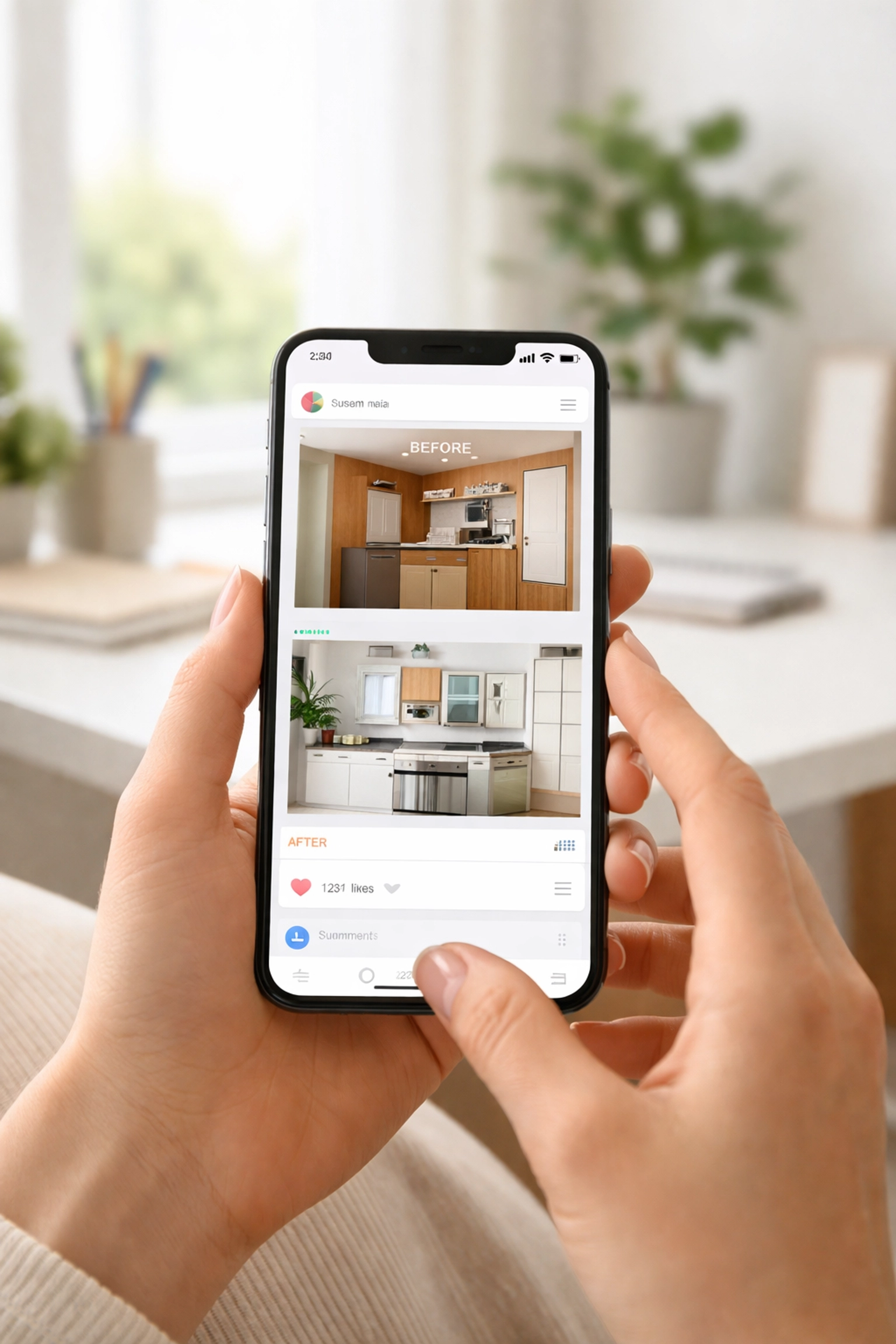 Hands using a smartphone with before-and-after job photos, illustrating social media marketing for tradespeople.