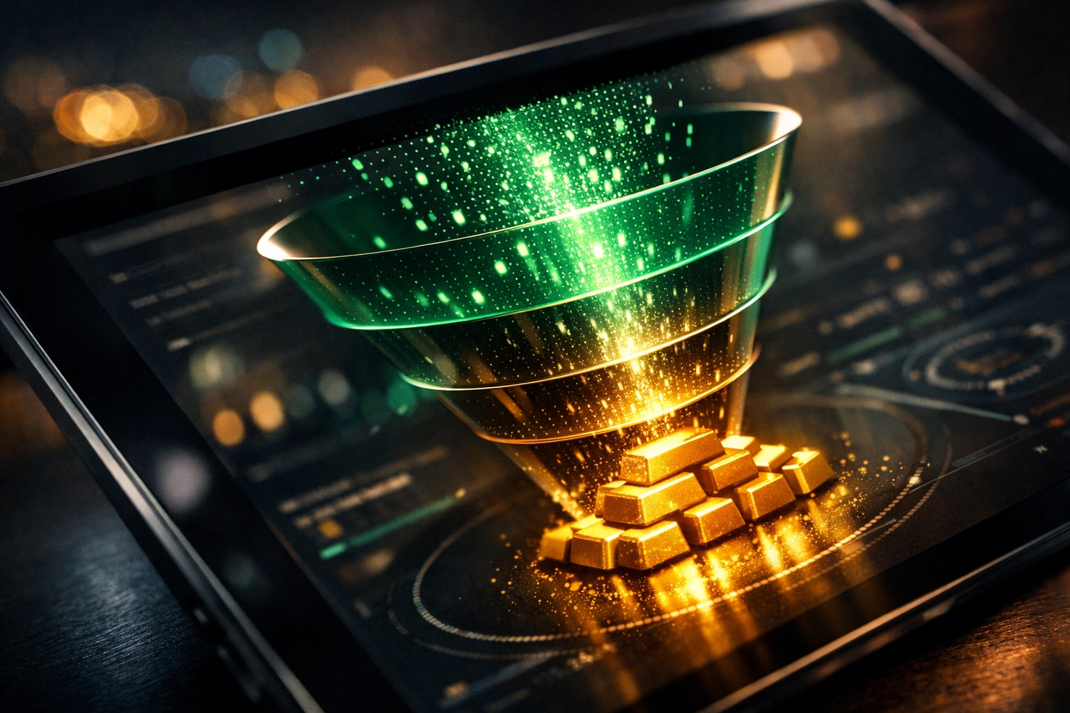 Digital sales funnel on a tablet screen converting incoming leads into profitable business results.