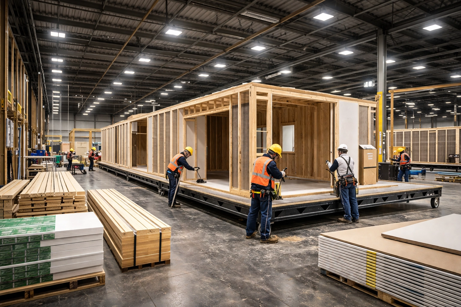 Workers assembling a manufactured home inside a climate-controlled factory facility