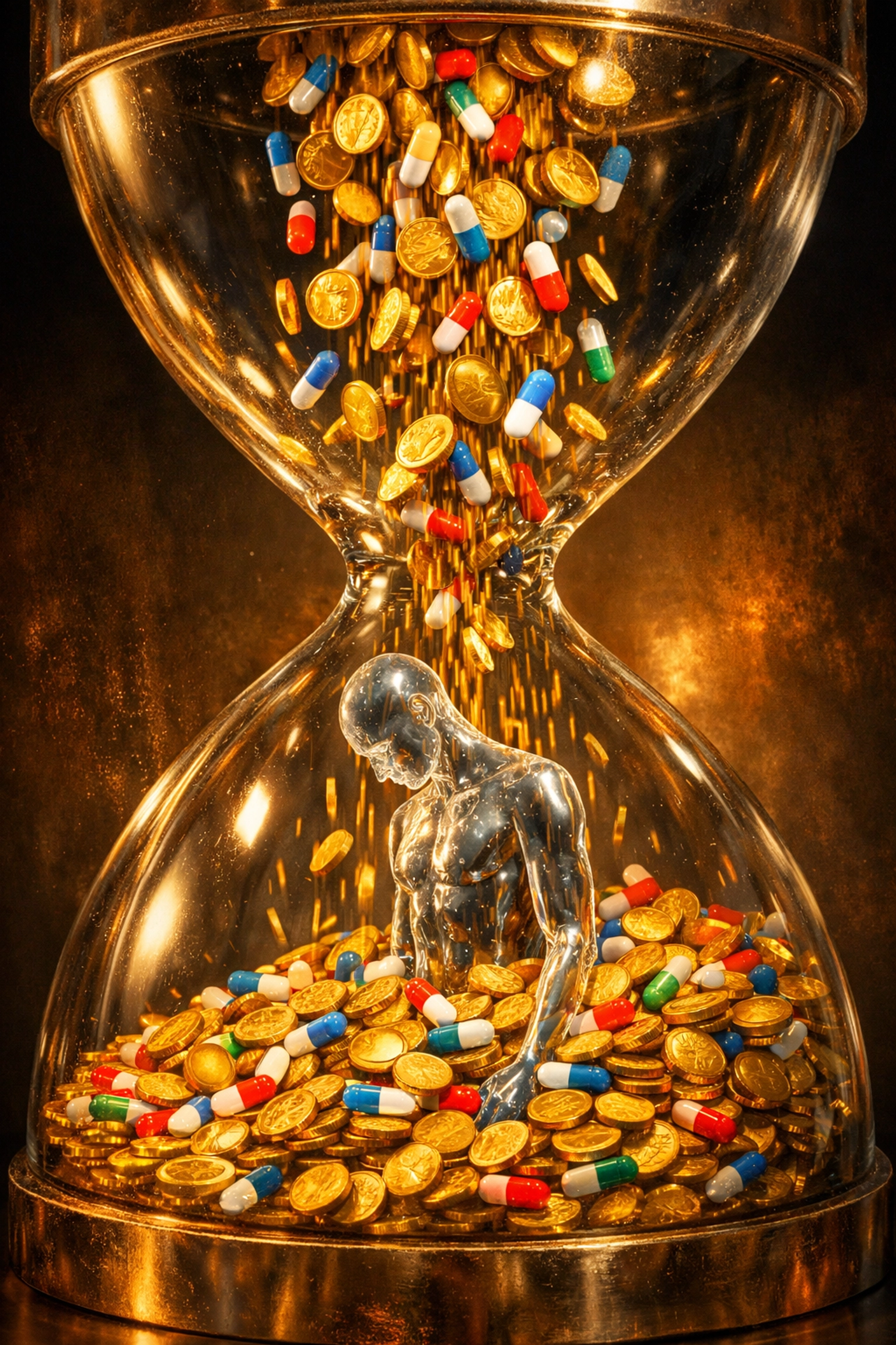 A glass person in an hourglass buried by coins and pills, illustrating high healthcare costs and medical debt.