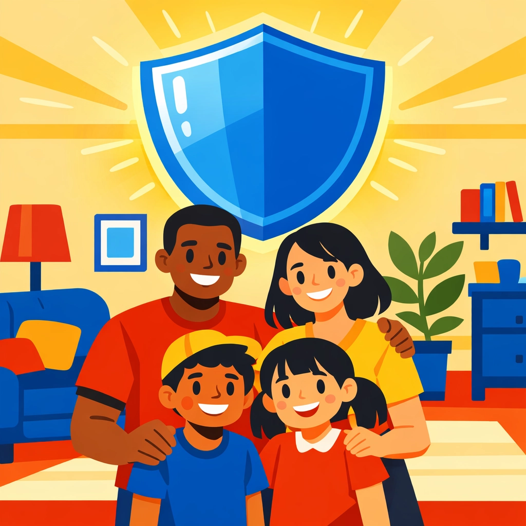 A happy family standing under a protective blue shield, symbolizing a strong legacy plan and financial security.