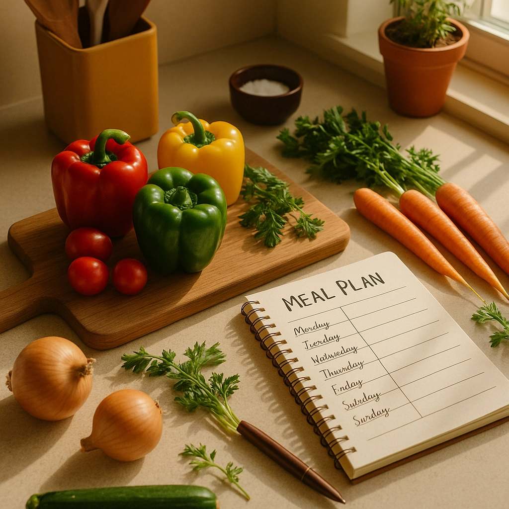 Picture of a counter under a window that has sunlight streaming through it. On the counter are some fresh veggies and a meal planning book. Stop Wasting Money! Unlock the Secrets to Zero Food Waste