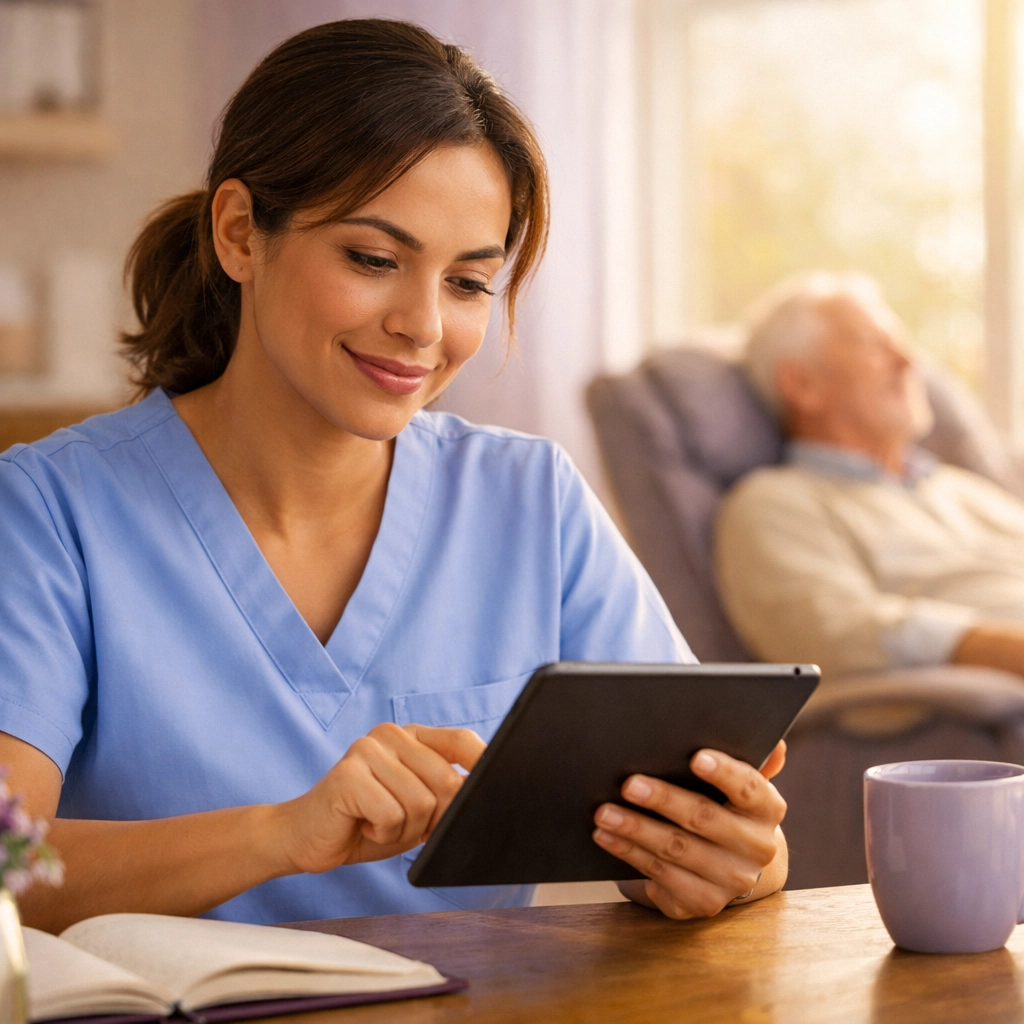 Caregiver using a tablet for Seeding Hope Academy digital training to provide high-quality home healthcare.