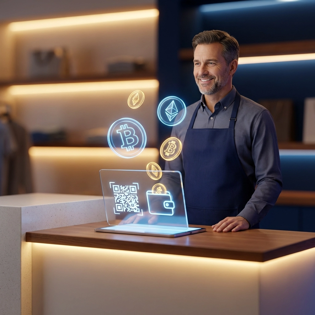 Small business owner accepting cryptocurrency payments at a retail counter using a QR code POS system