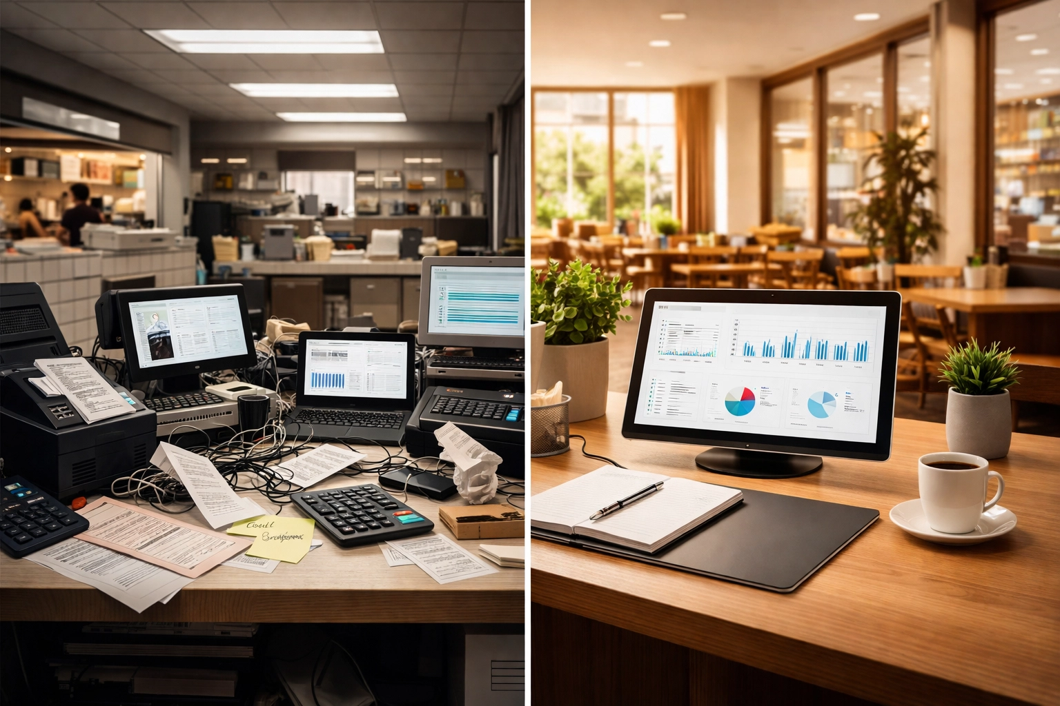 Restaurant manager's desk split between tech chaos and streamlined digital systems, showing the impact of integrated operations