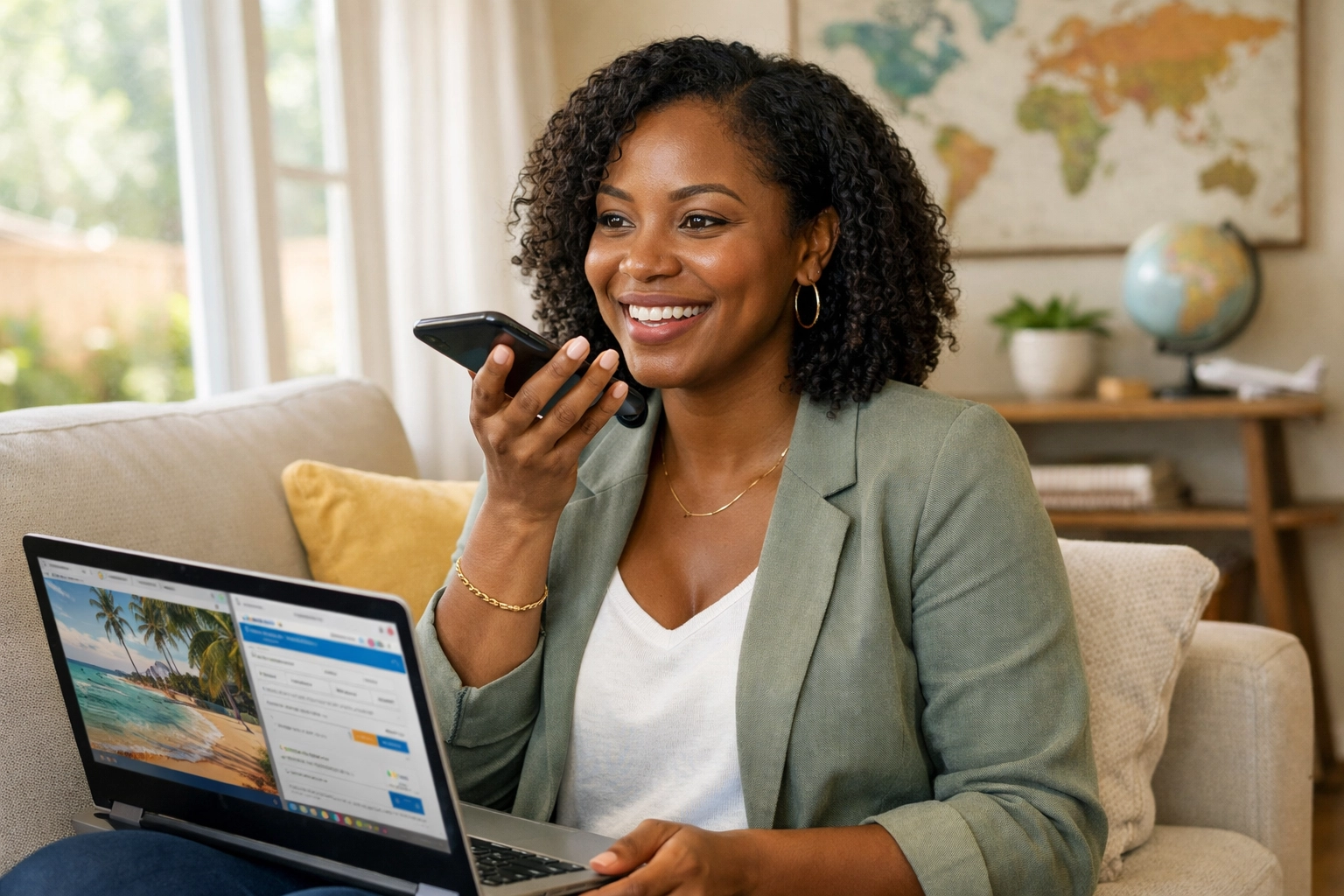 Travel agent recording voice message via Instagram DM to communicate with potential clients