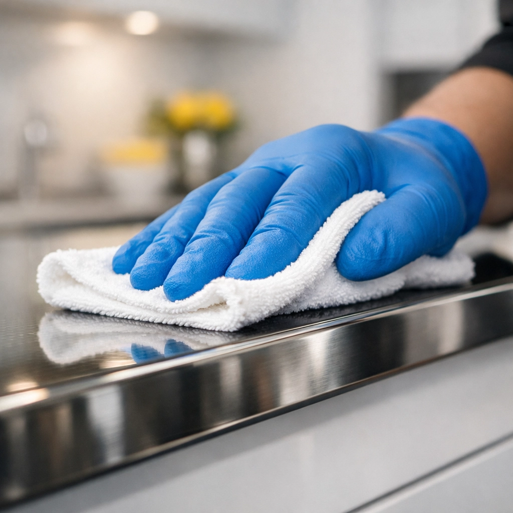 Professional cleaner polishing a kitchen island, showcasing the precision of Montgomery weekly house cleaning.