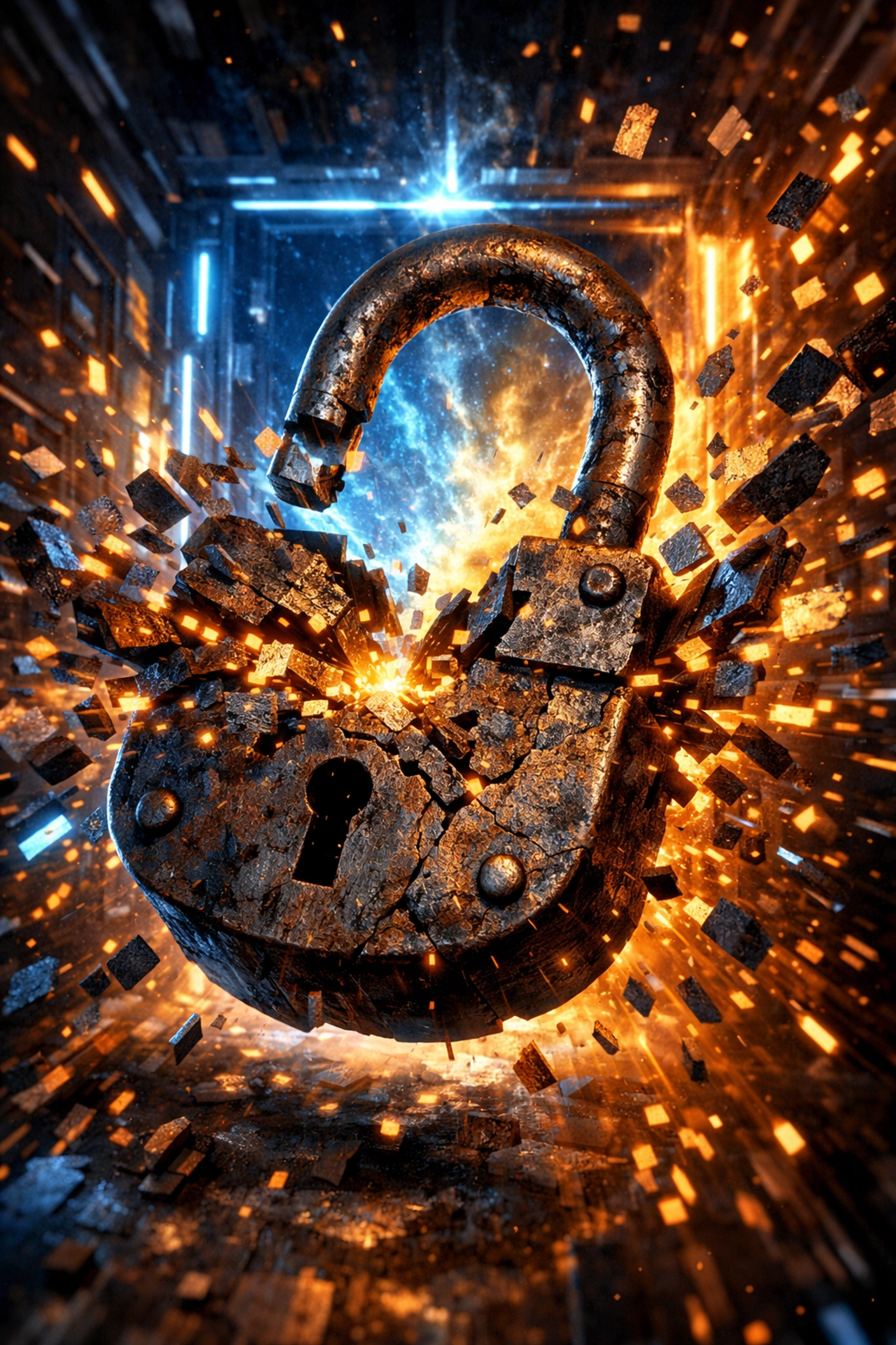 A padlock shattering into digital light representing the shift to secure self-custody crypto payments.