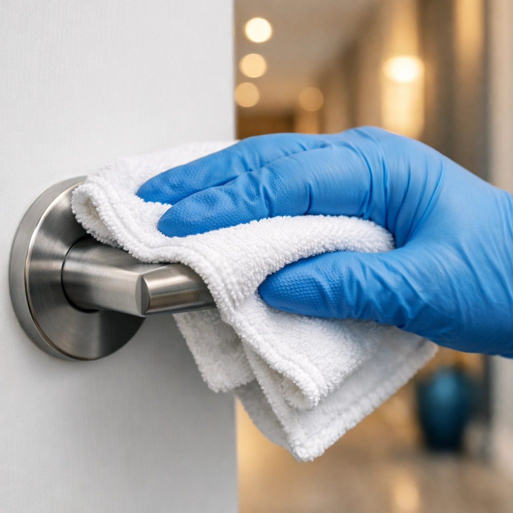 Professional cleaners Harvard MA sanitizing a door handle with meticulous attention to high-touch hygiene areas.