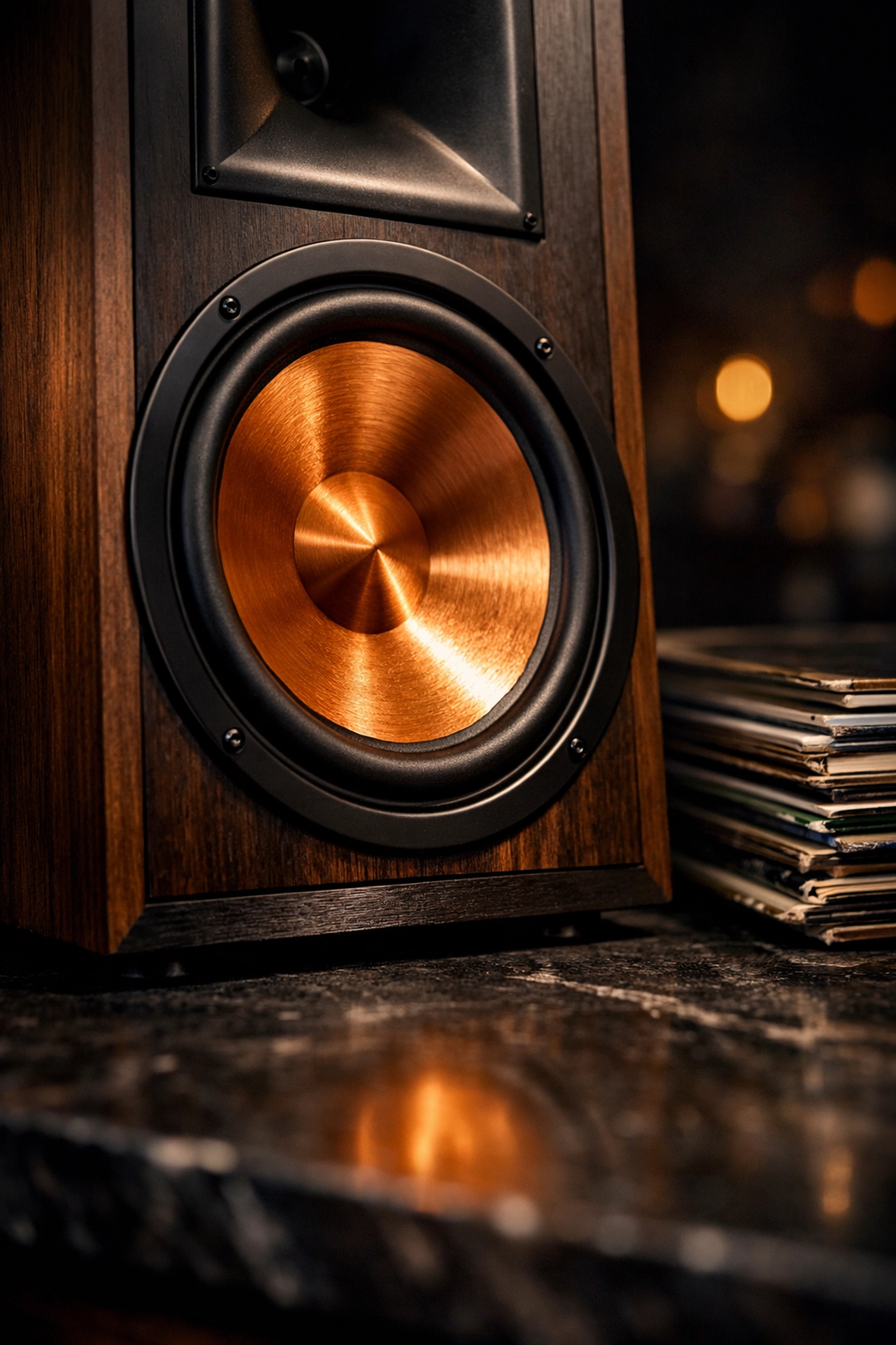 High-fidelity bookshelf speaker with a spun-copper woofer for cinematic home audio performance.