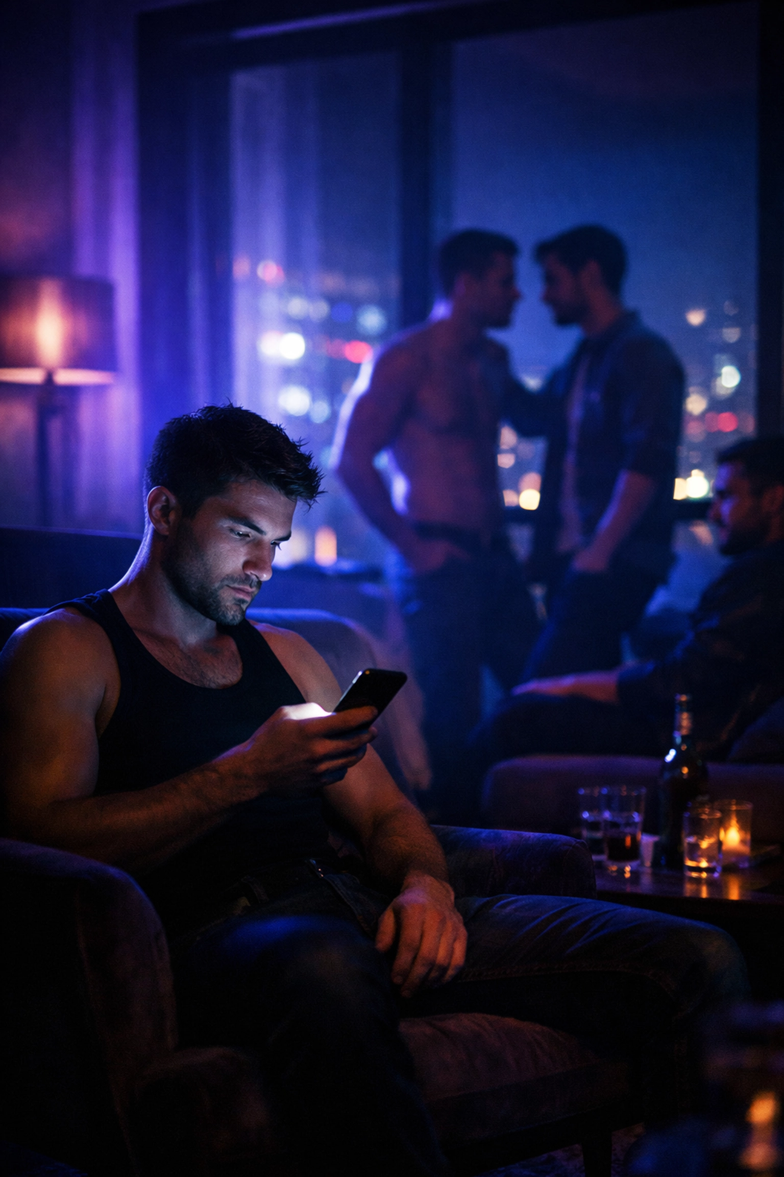 Gay men in a neon-lit apartment during an intense social gathering, a raw scene often explored in gay romance novels.