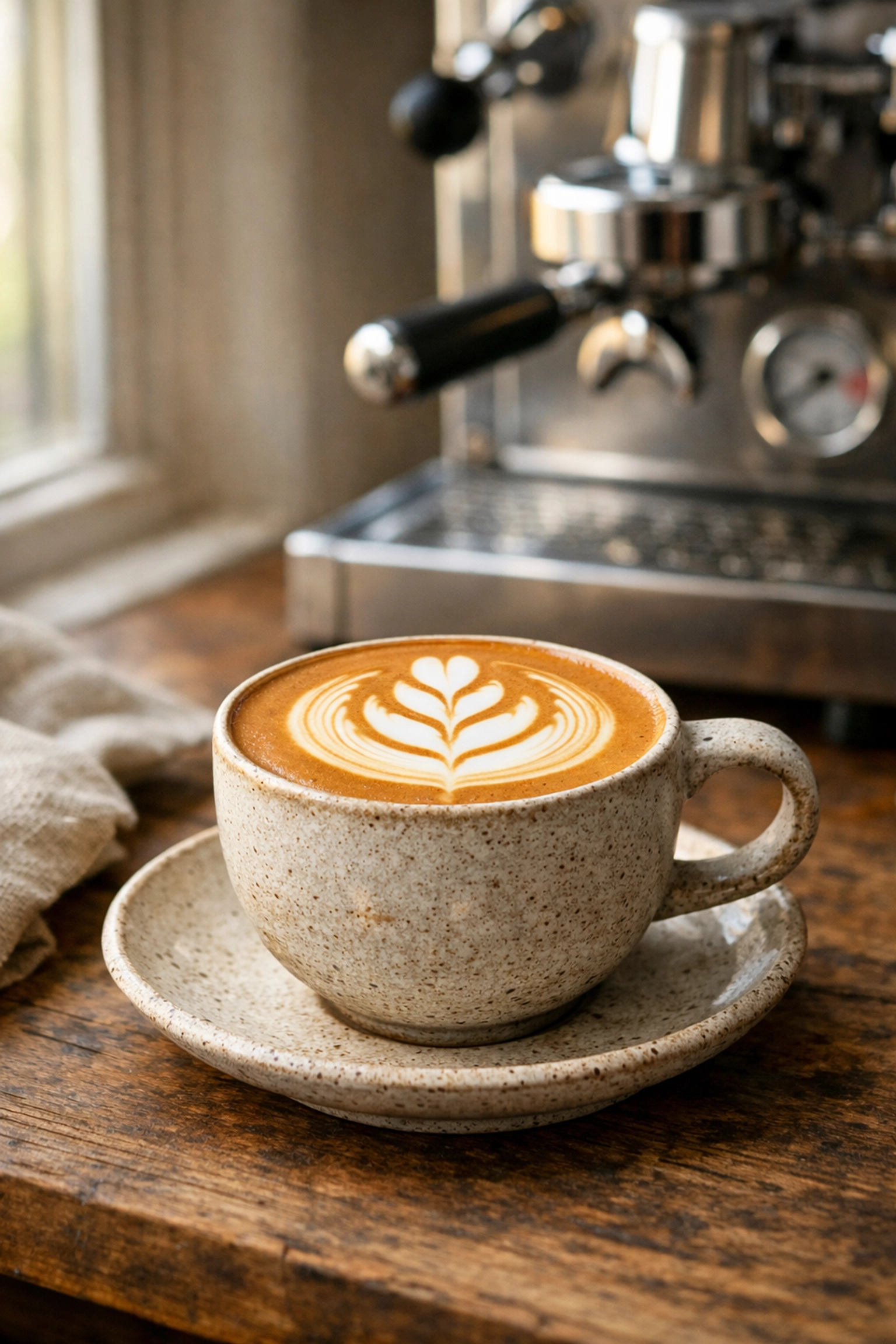 A creamy flat white with intricate tulip latte art in a rustic stoneware coffee cup.
