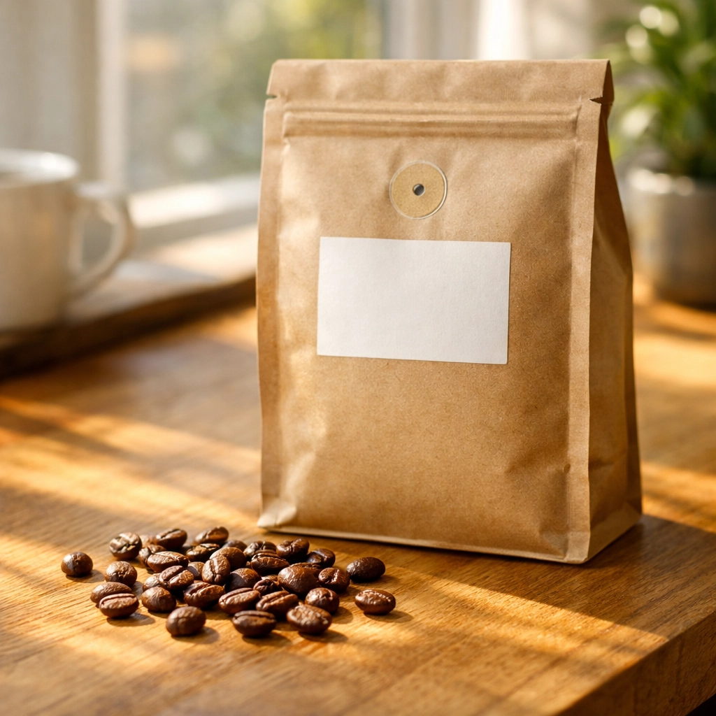 Freshly roasted coffee beans resting in a bag on a sunlit counter to allow for degassing.