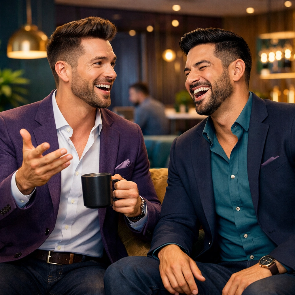 Two gay professionals networking in a modern office, showcasing authentic LGBTQ+ professional development.