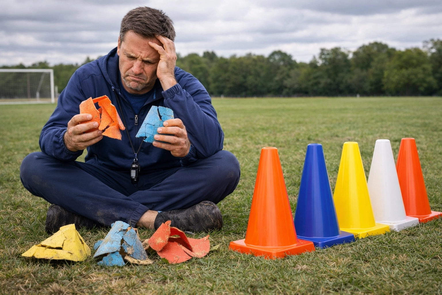 Coach comparing durability of broken budget cones versus sturdy premium training cones