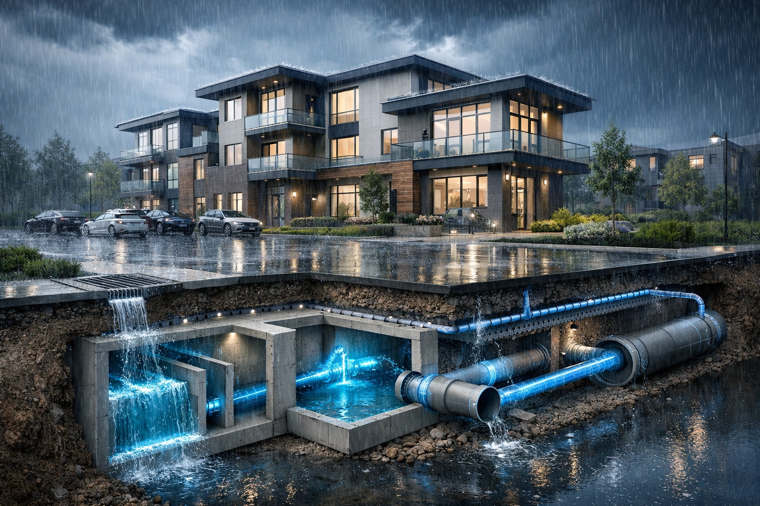 Modern multi-unit building in Ontario featuring a professional underground stormwater management design.