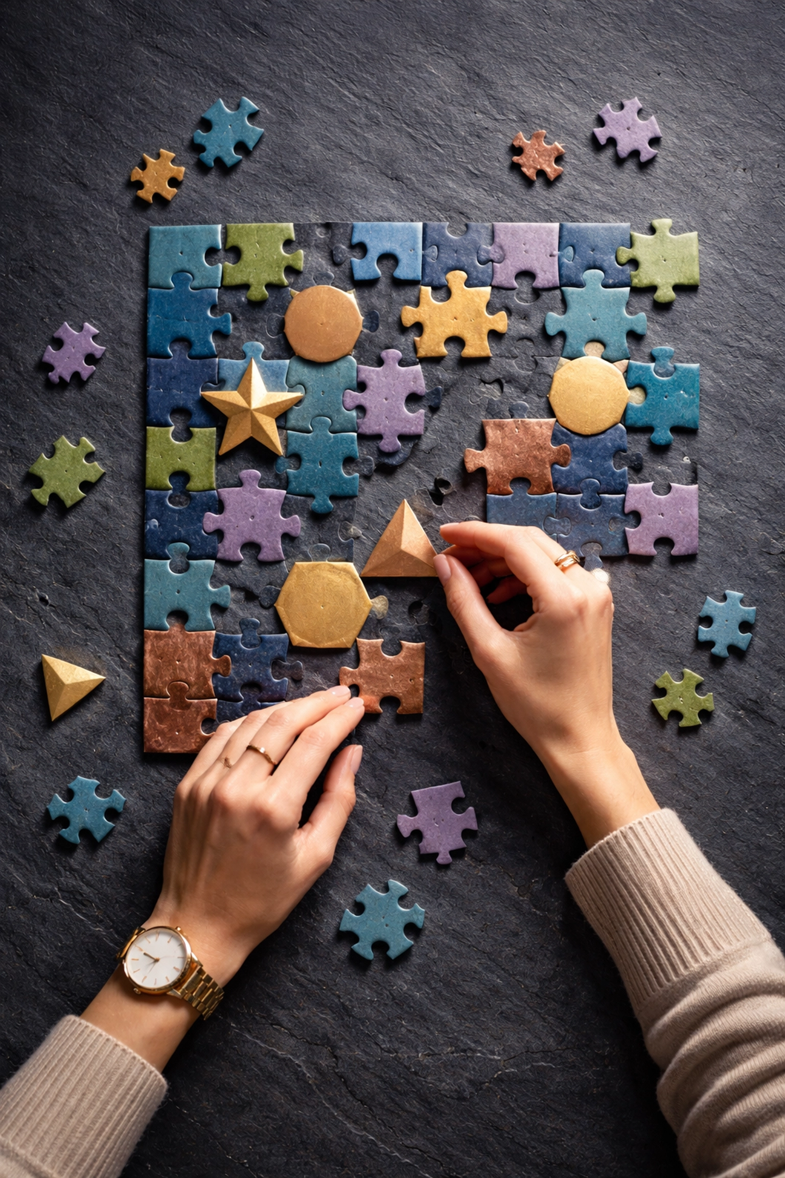 Hands assembling a diverse jigsaw puzzle, symbolizing true portfolio diversification with different asset types