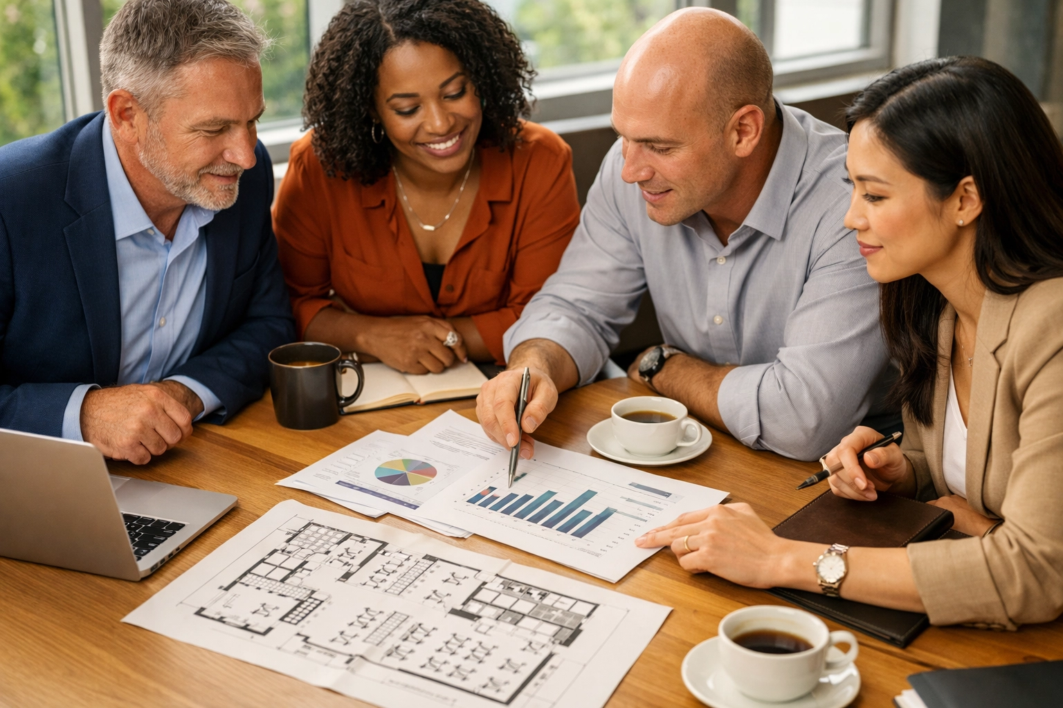 Restaurant consulting team reviewing floor plans and closure strategy documents