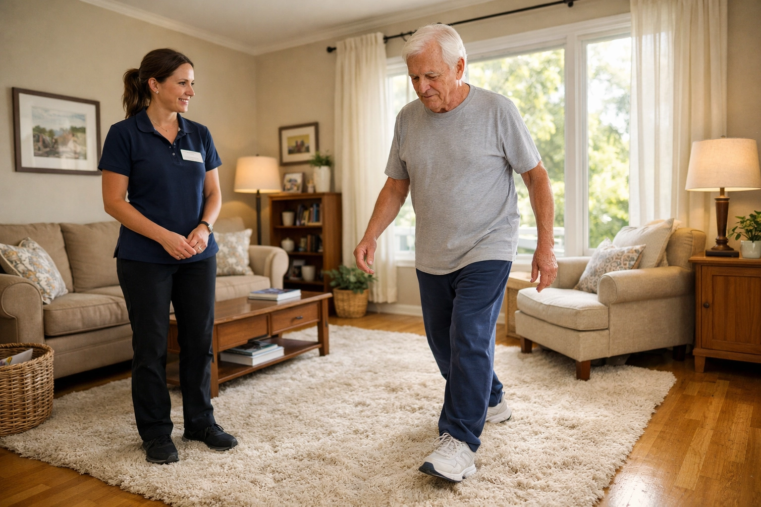 A physical therapist observing an elderly man's gait during a home mobility assessment.
