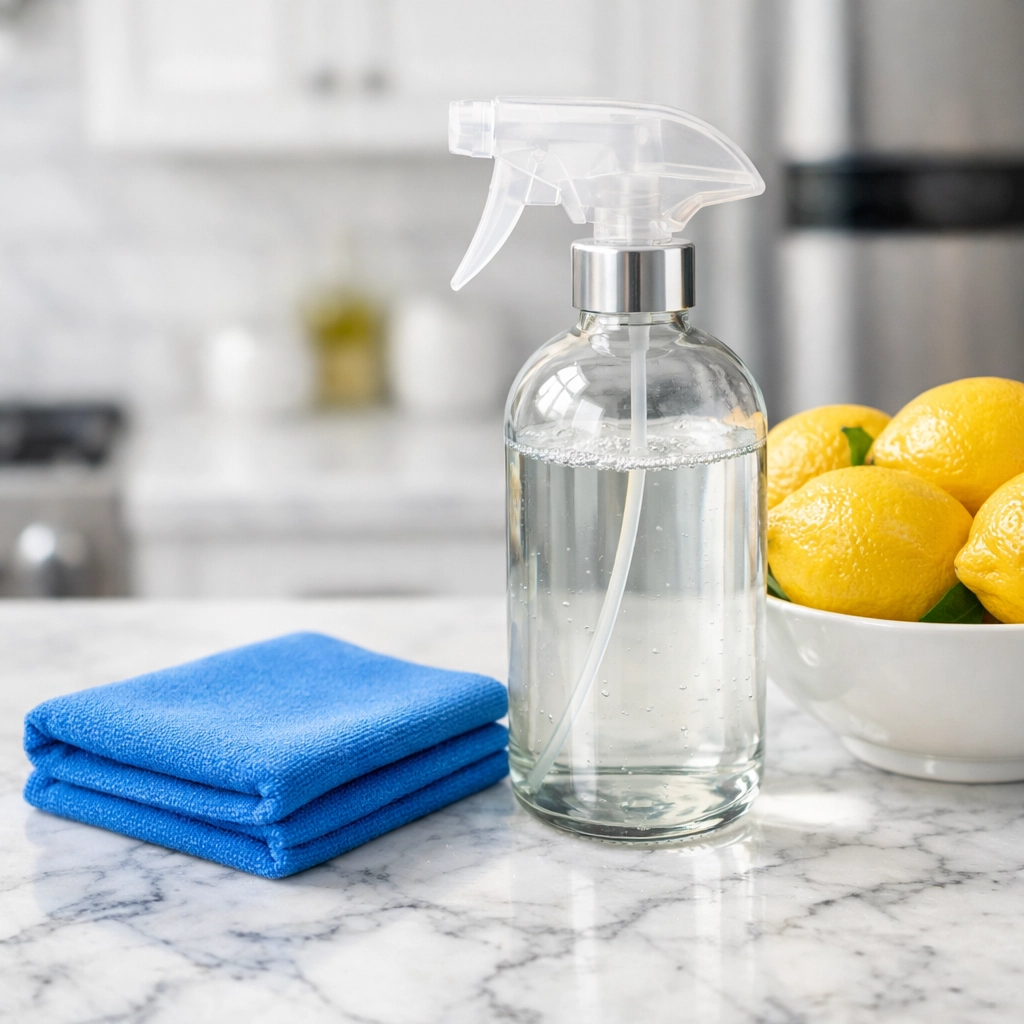 Eco-friendly cleaning supplies and a microfiber cloth on a sparkling clean Newton kitchen countertop.