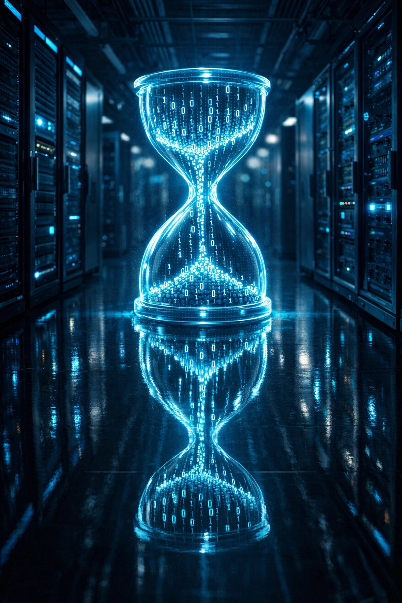 Holographic data hourglass representing the urgent need for automated IT security response in business.