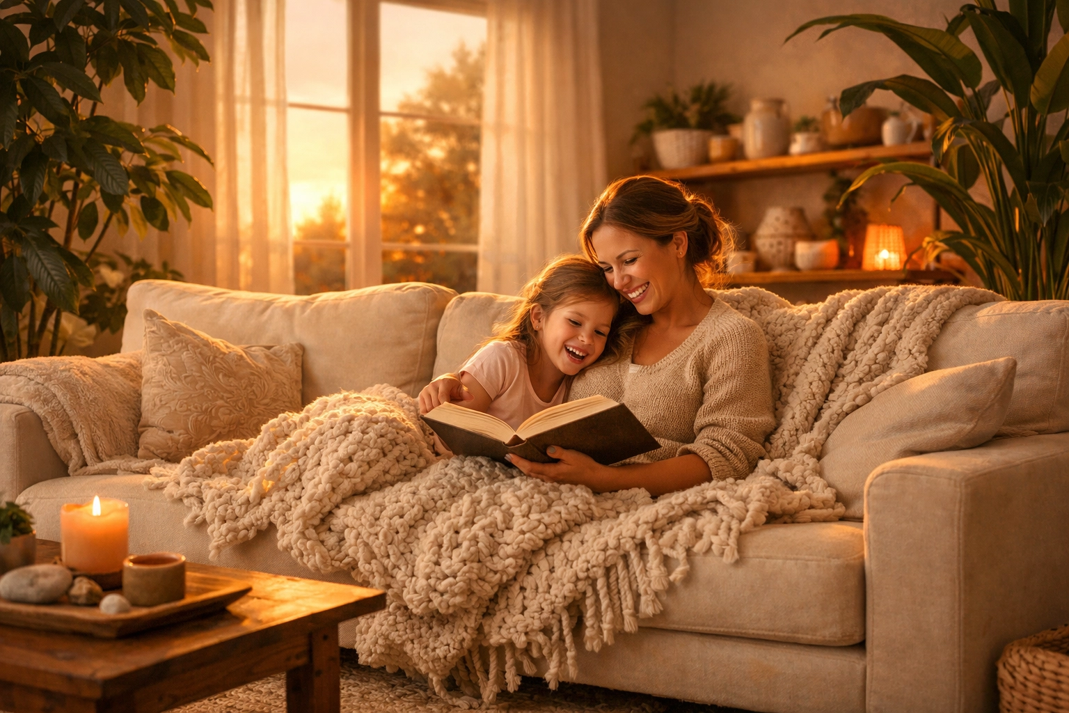 Mother and daughter in a clean, family friendly living room enjoying holistic wellness at home.