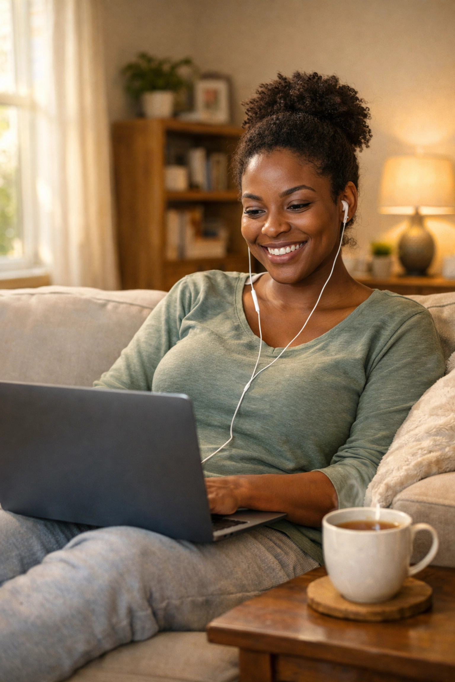 Woman participating in telehealth therapy session for mental health support at home