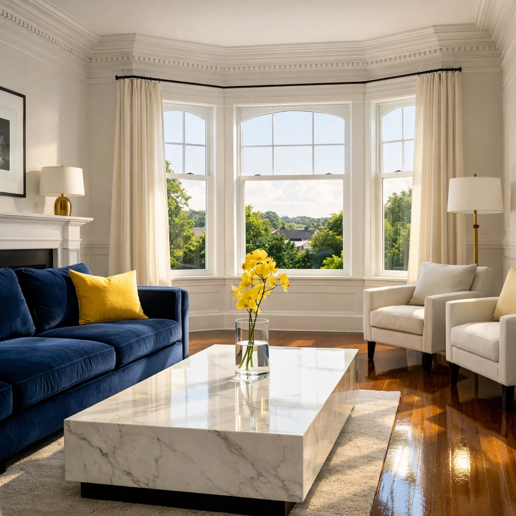 Luxury house cleaning Brookline MA in a sun-drenched living room with polished hardwood floors.