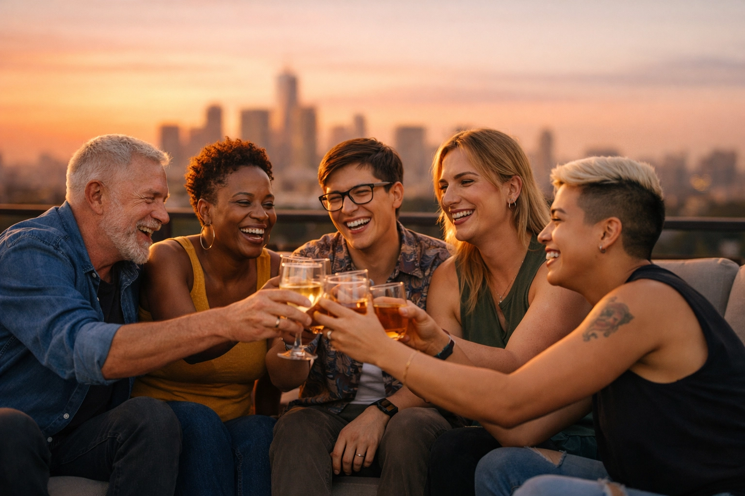 Diverse LGBTQ+ chosen family gathering on a city rooftop at sunset to celebrate queer joy and community.