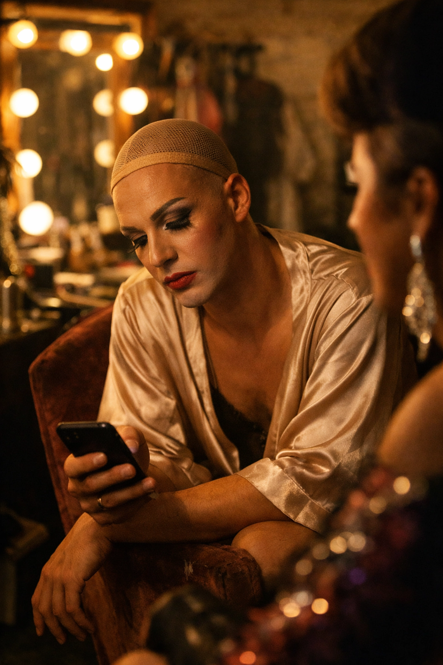 Drag queen backstage in dressing room during vulnerable in-between moment of costume removal