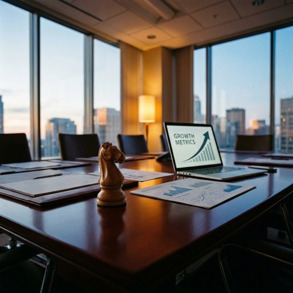 Boardroom table with financial charts and city skyline illustrating strategic decision making in alternative investing