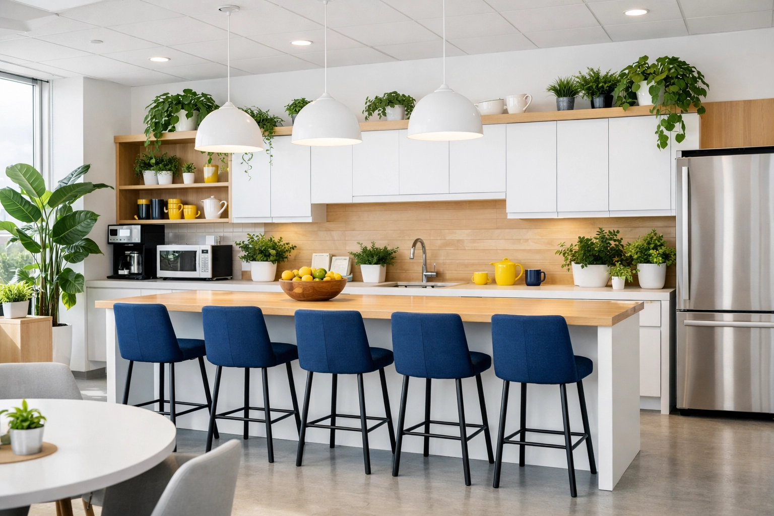 Spotless corporate breakroom in Milford emphasizing eco-friendly office cleaning and a healthy workspace environment.