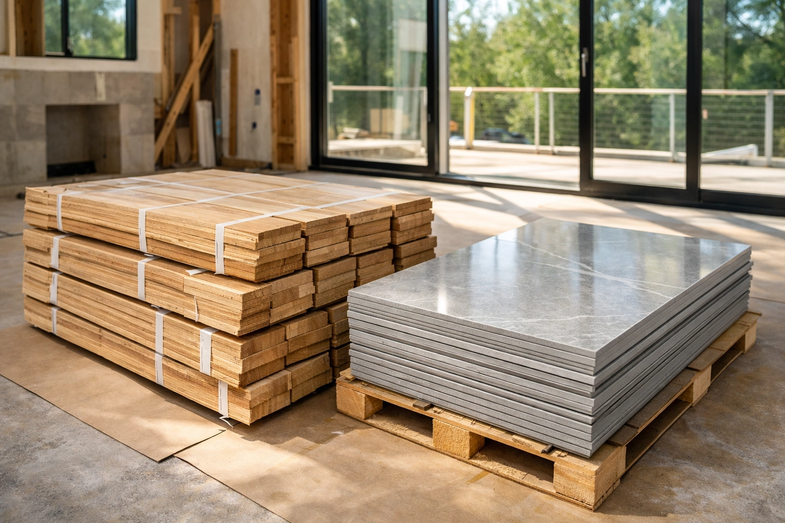 Luxury residential job site featuring stacked white oak flooring and tiles for installation acclimation.
