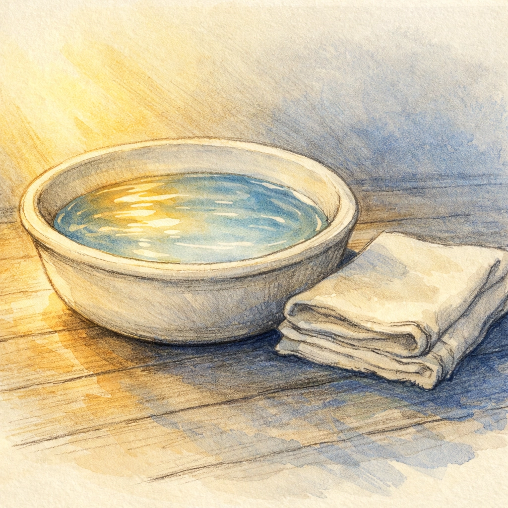 Artistic illustration of a basin and towel symbolizing servant leadership in church culture.