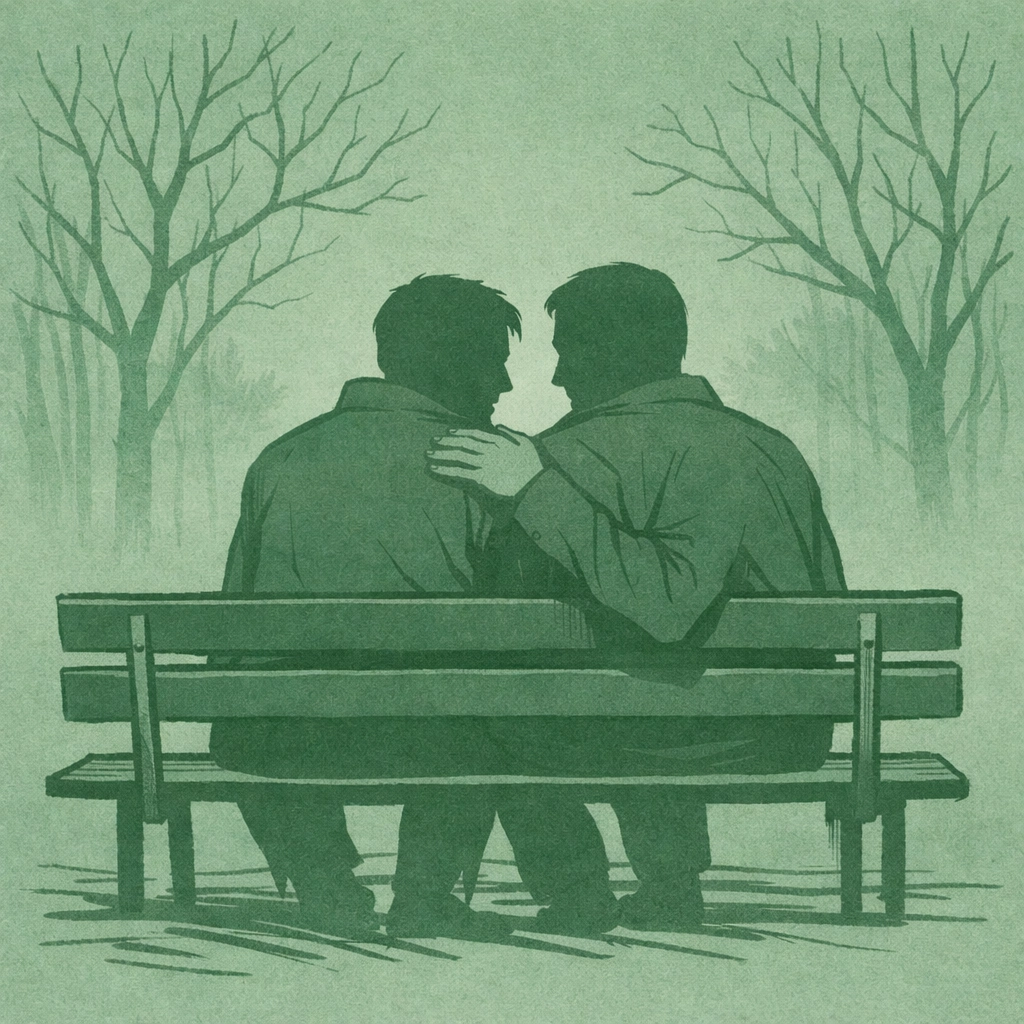 Two men on park bench at dusk - dark MM romance psychological thriller mood illustration