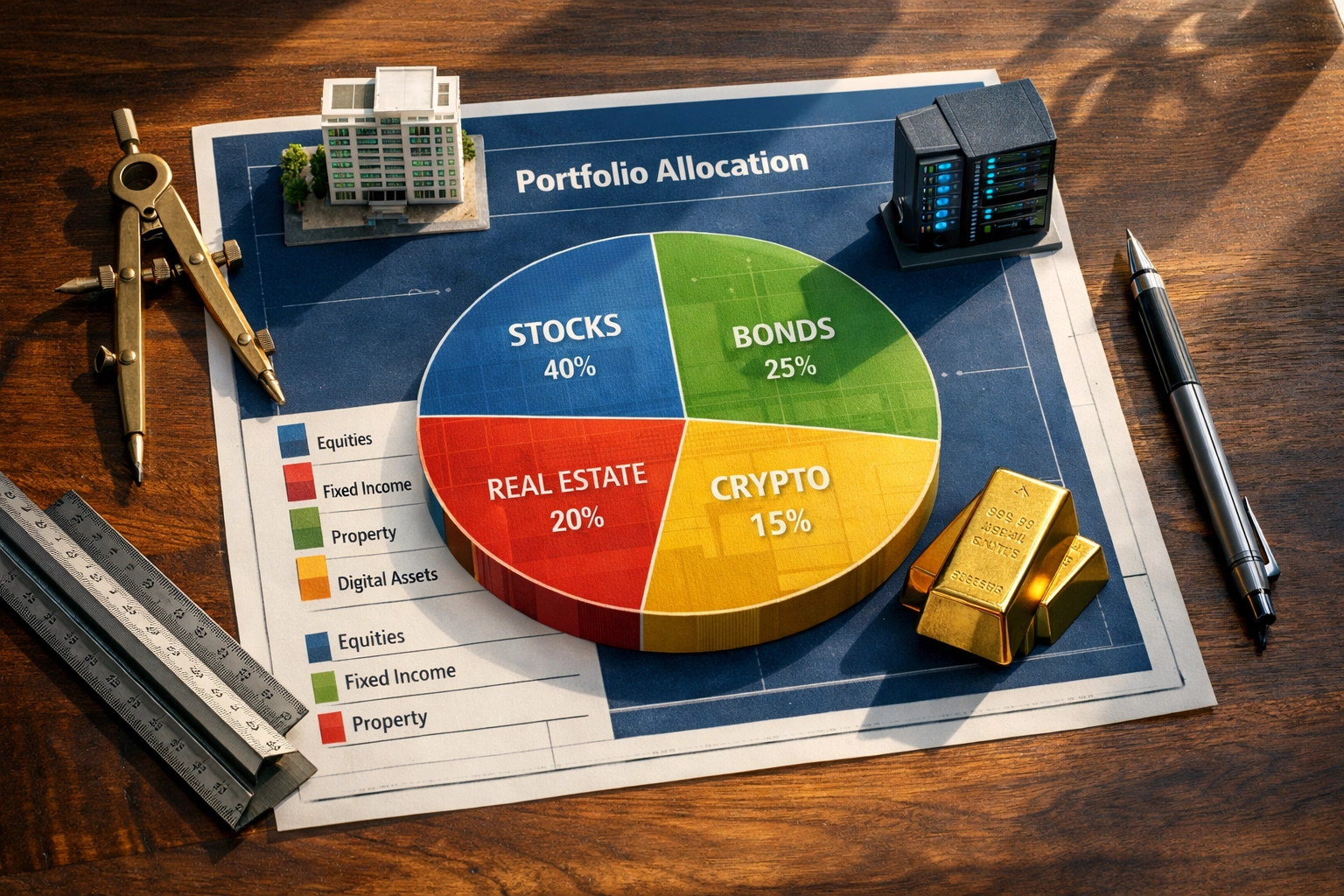 Portfolio allocation blueprint with alternative investment asset classes and diversification tools