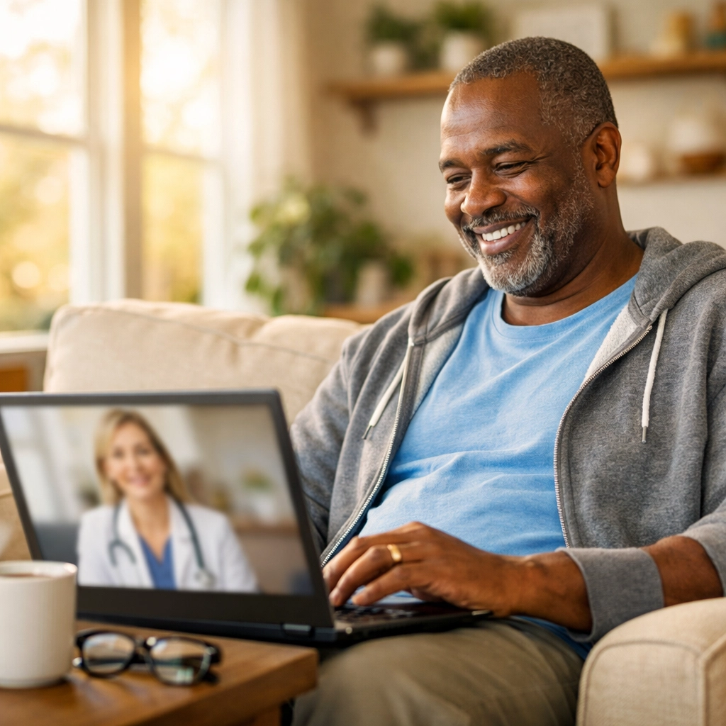 Middle-aged man having convenient telehealth appointment from home on laptop
