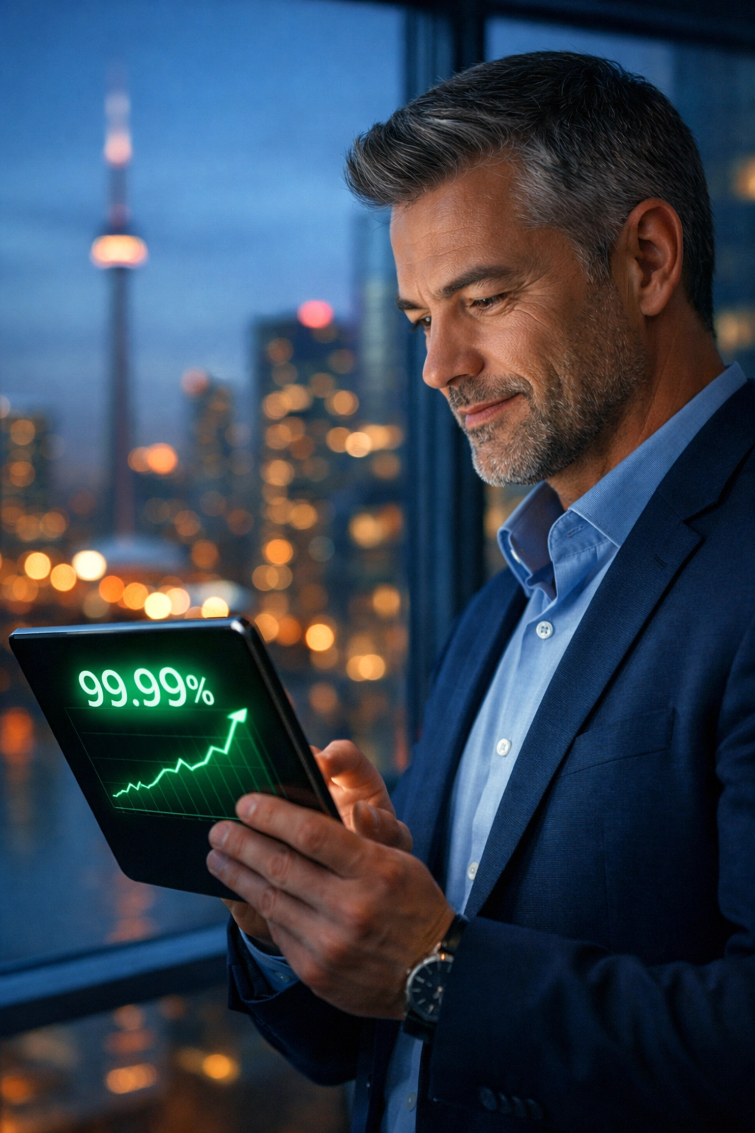 IT manager reviewing a 99.99 percent uptime report for a business internet service level agreement.