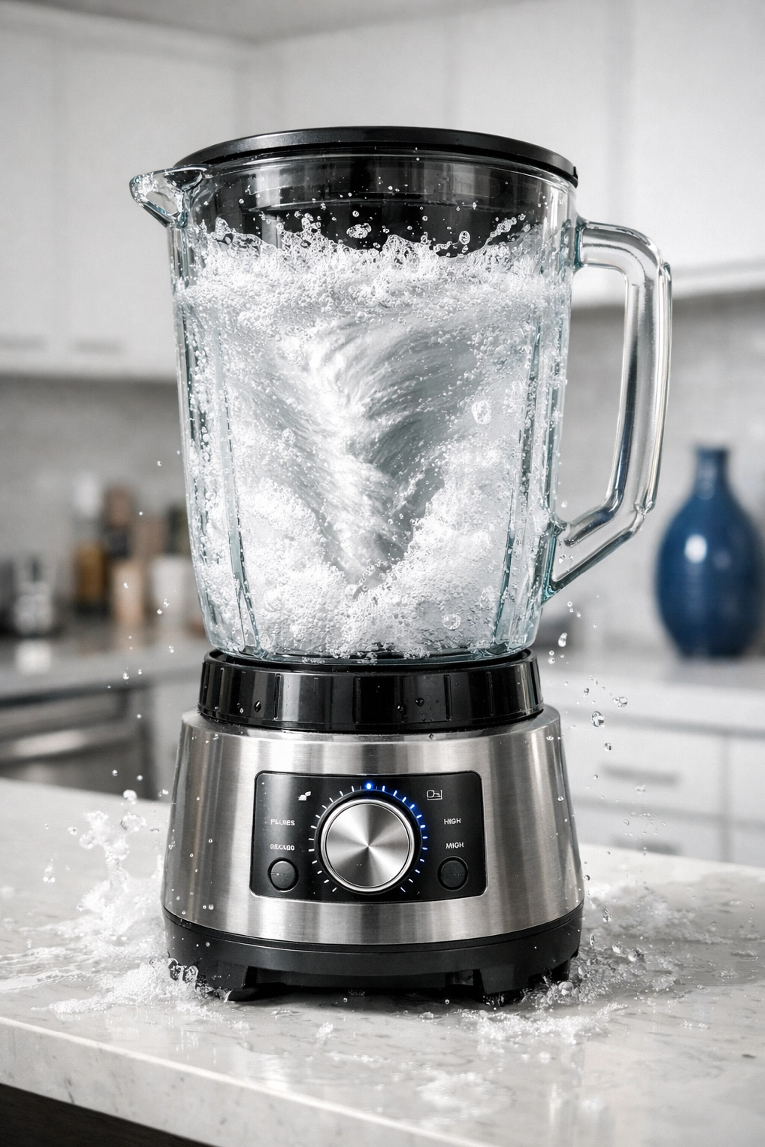 Self-cleaning glass blender with soapy water vortex on a modern kitchen island for deep cleaning blades.