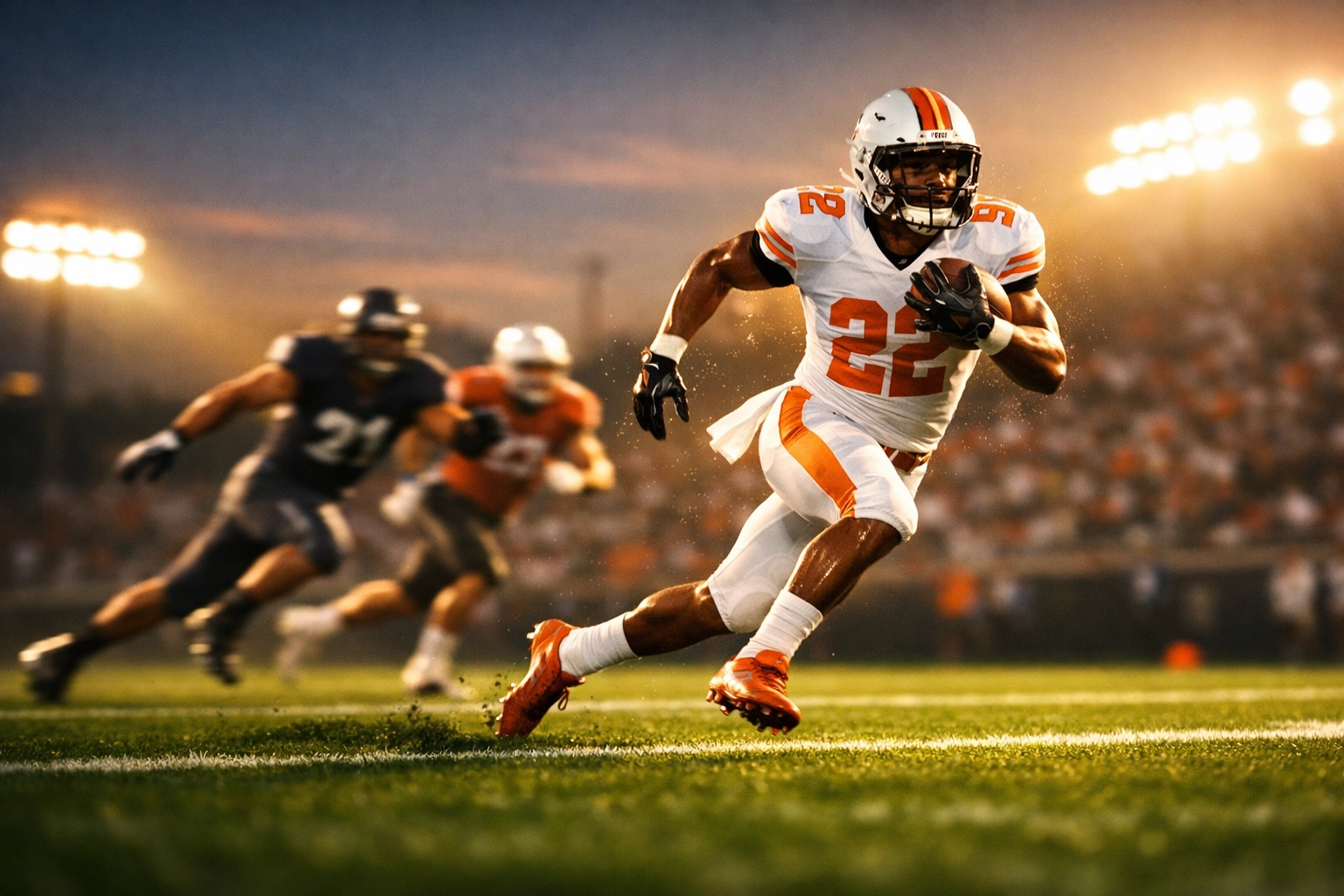 Youth running back breaking into open field creating space from defenders